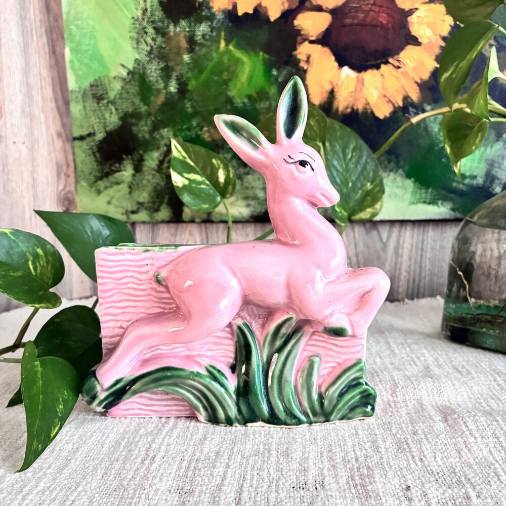 1950s OPCO USA Deer Planter, Vintage Ohio Pottery, Pink Figural Ceramic Planter